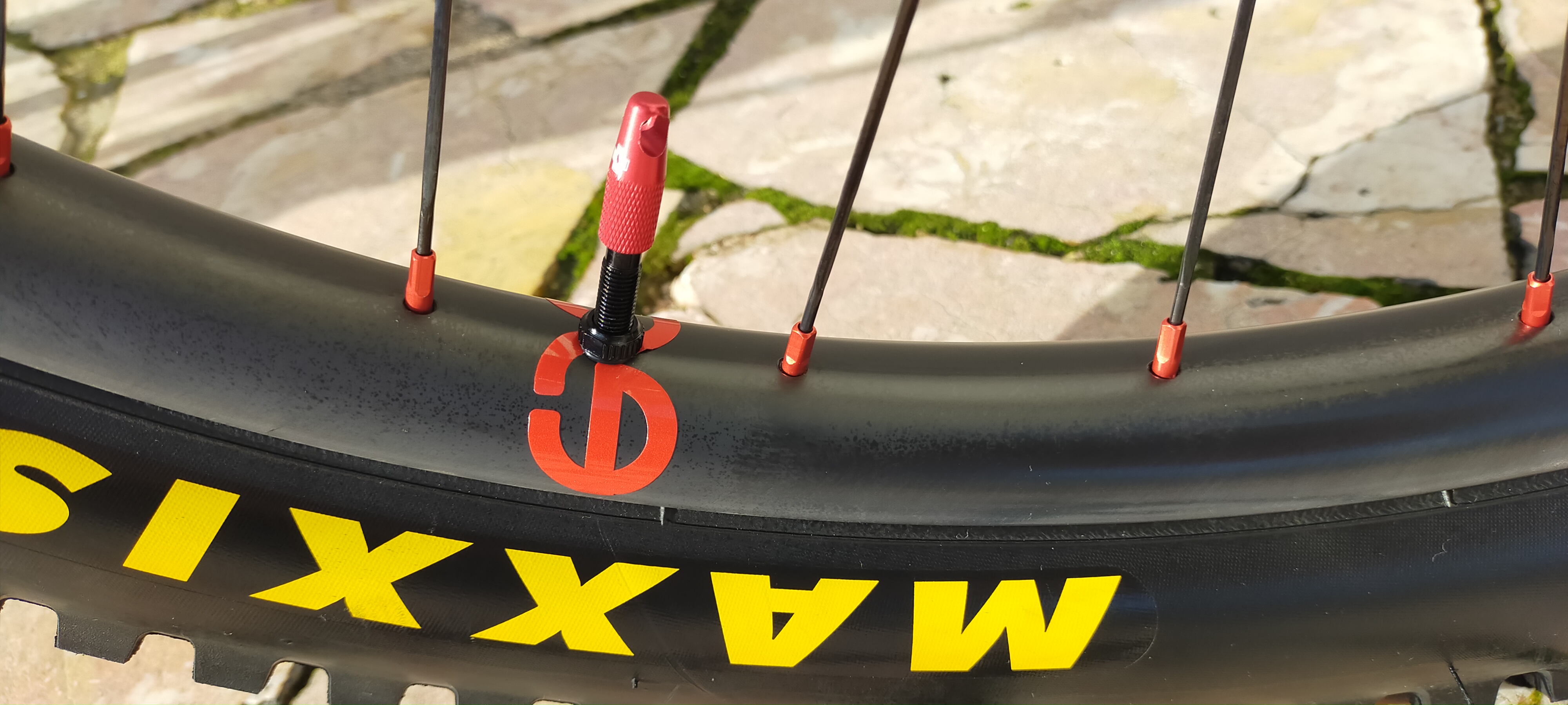 small red eie stick on valve hole ,maxxis tire assembly