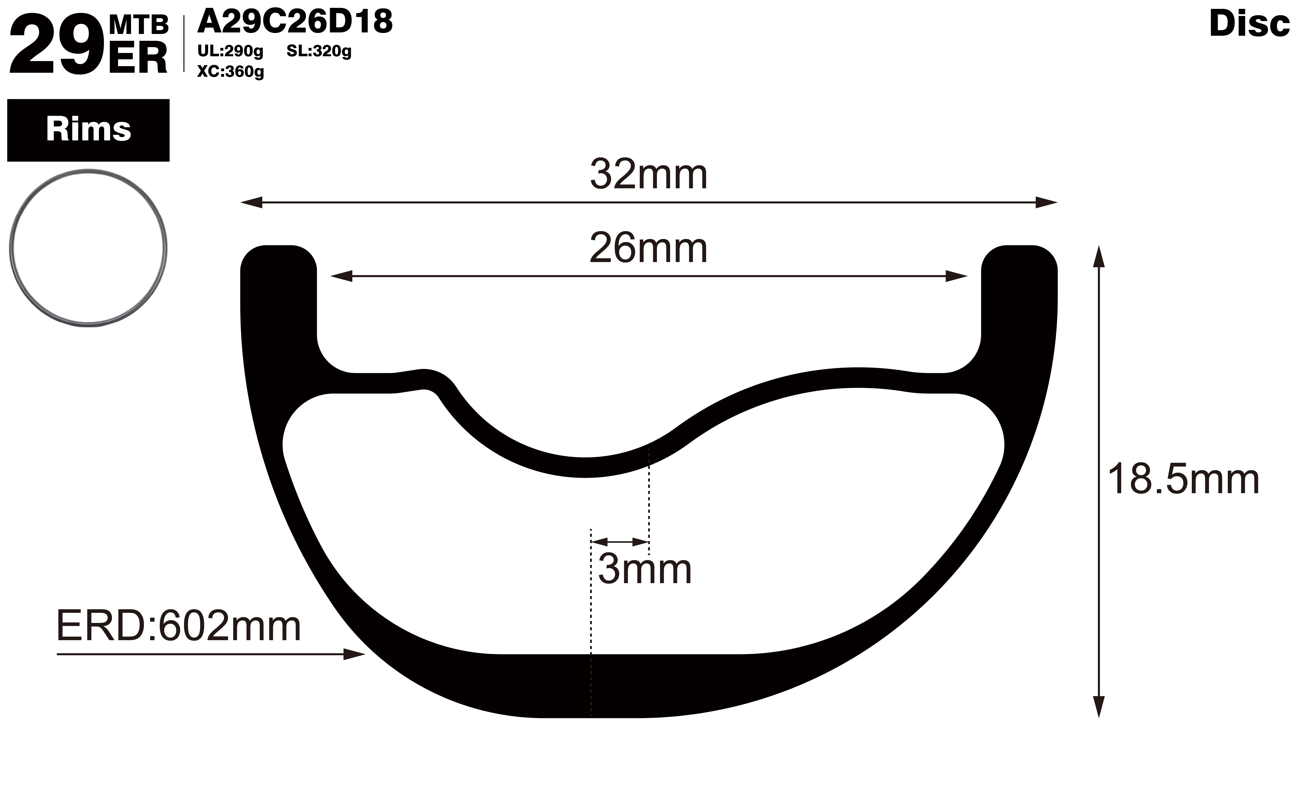 29er-I26-D18.5-asymmetric-mountain-bike-XC-carbon-rims-profile-drawing