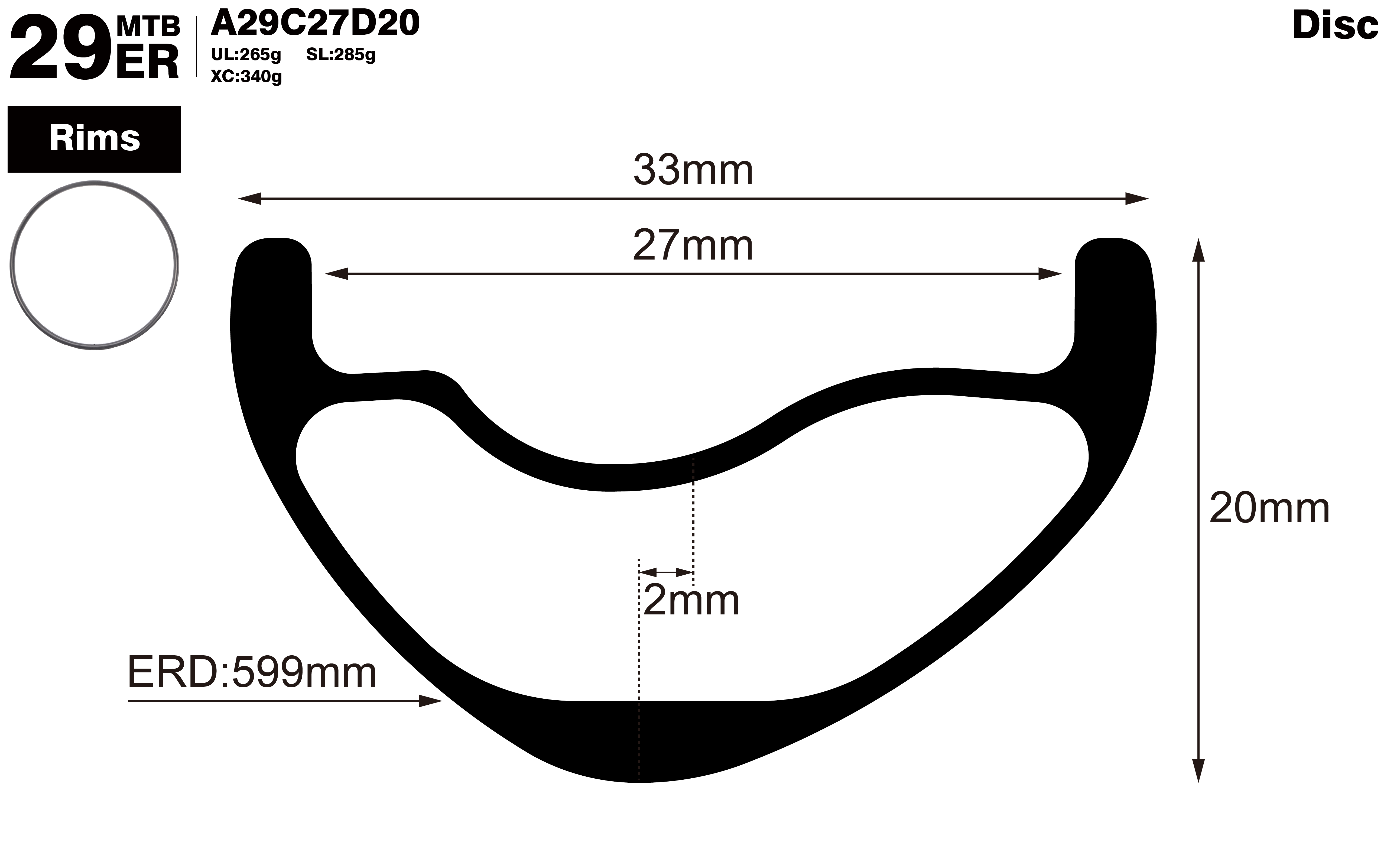 29er-I27-D20-asymmetric-mountain-bike-hookless-XC-carbon-rims-profile-drawing