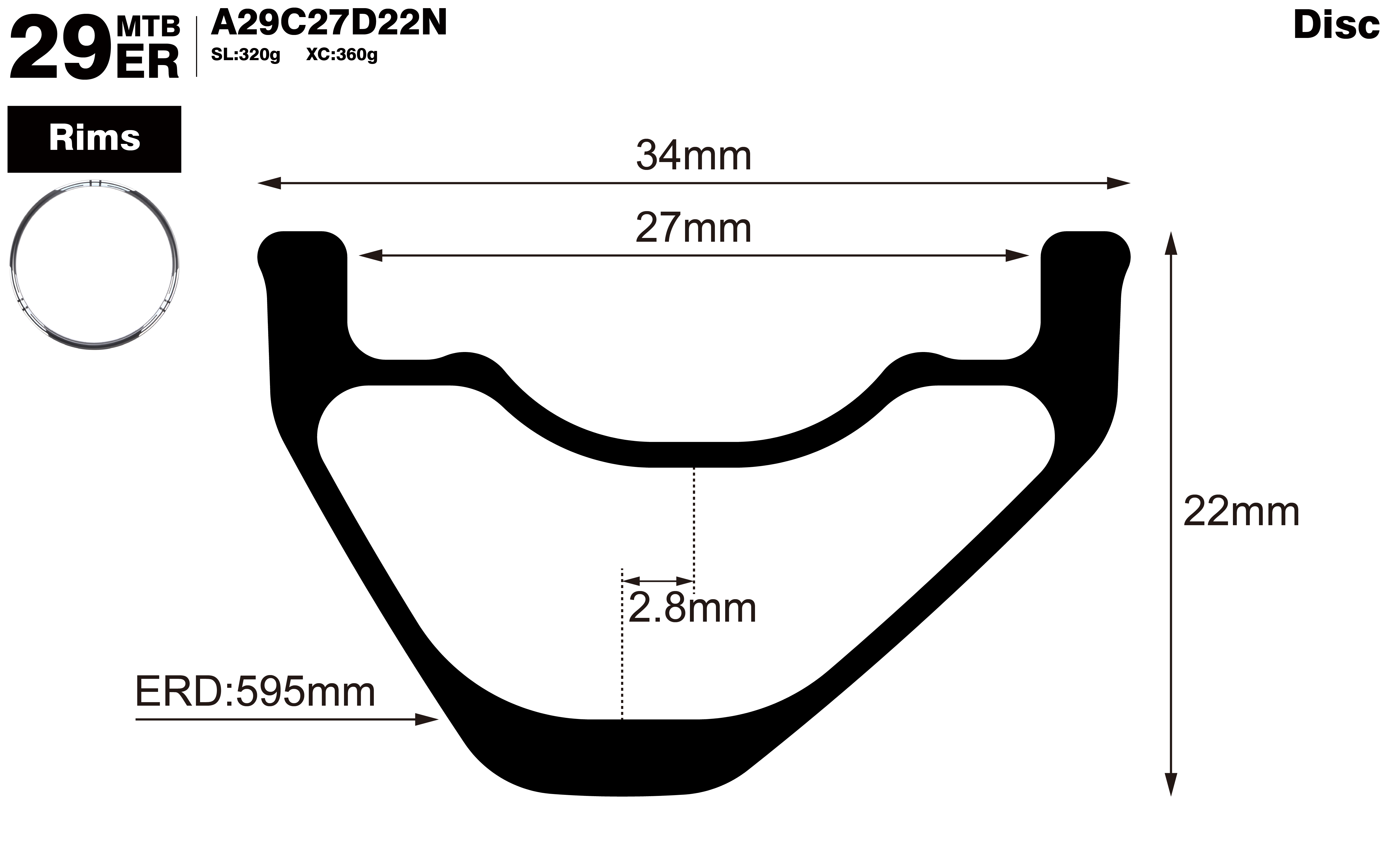 29er-I27-D22-asymmetric-mountain-bike-hookless-XC-carbon-rims-profile-drawing