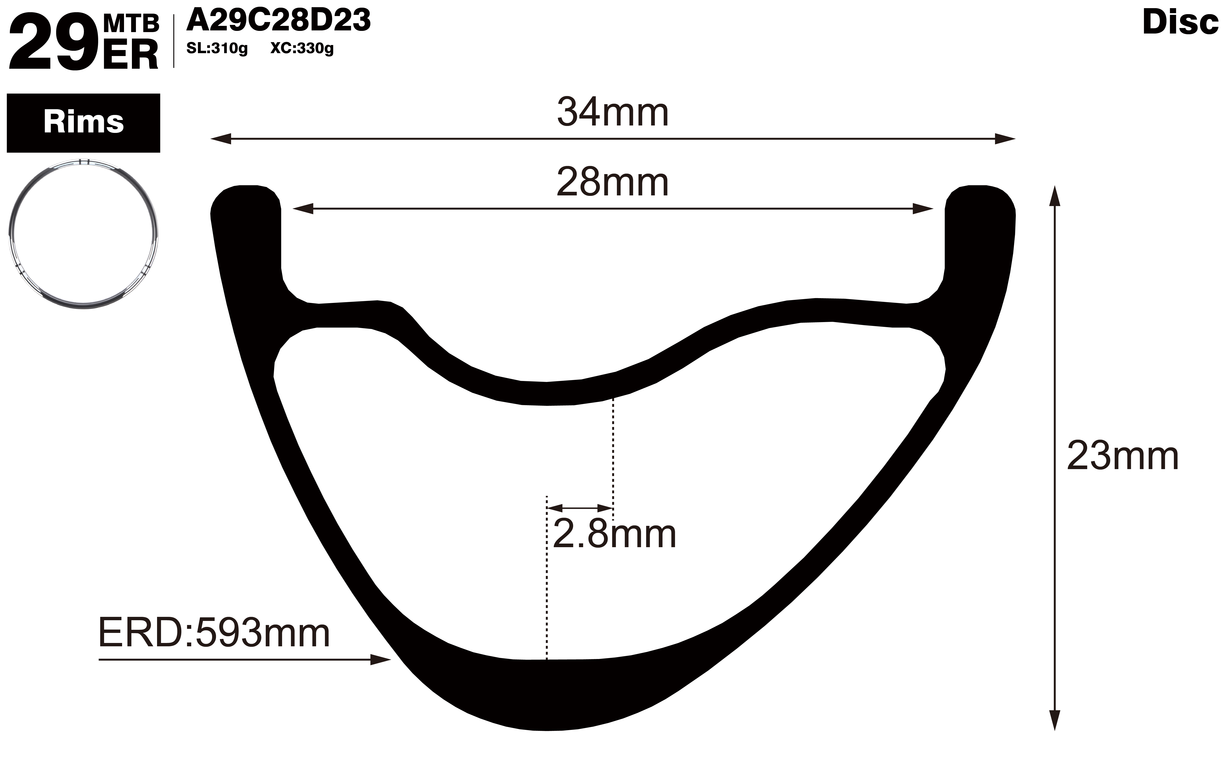 29er-I28-D23-asymmetric-mountain-bike-XC-carbon-rims-profile-drawing