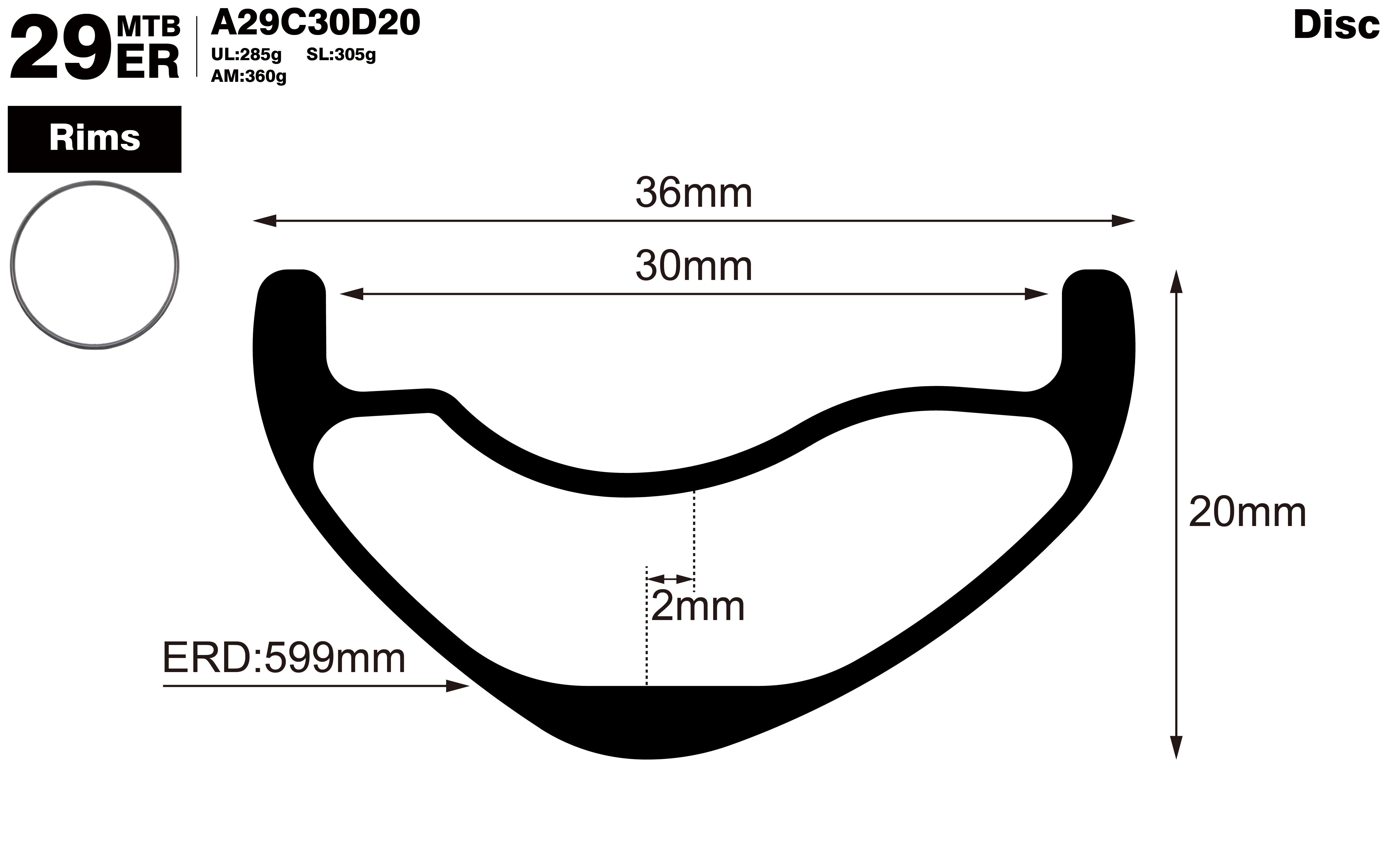 29er-I30-D20-asymmetric-mountain-bike-AM-carbon-rims-profile-drawing