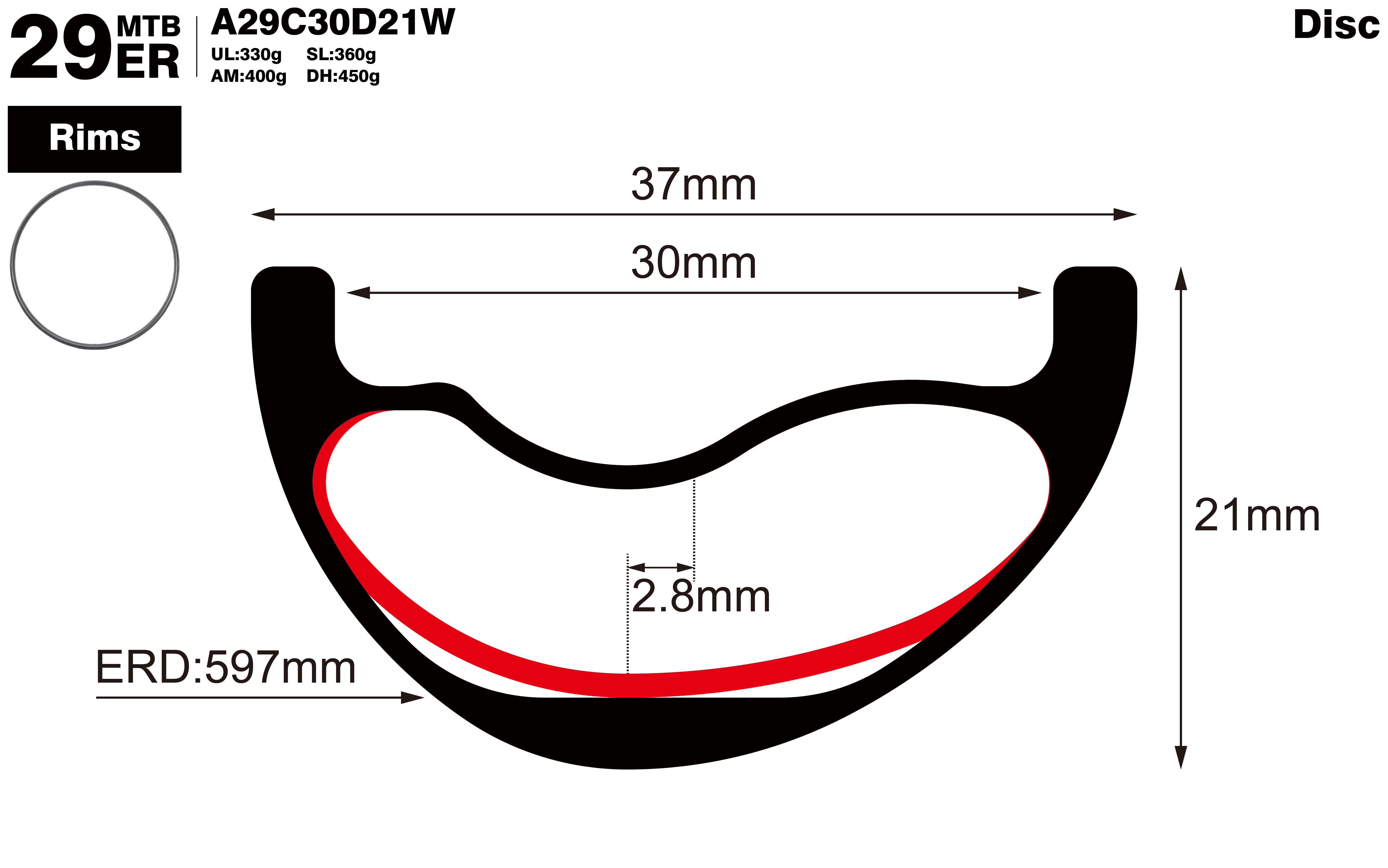 29er-I30-D21-asymmetric-mountain-bike-AM-carbon-rims-profile-drawing