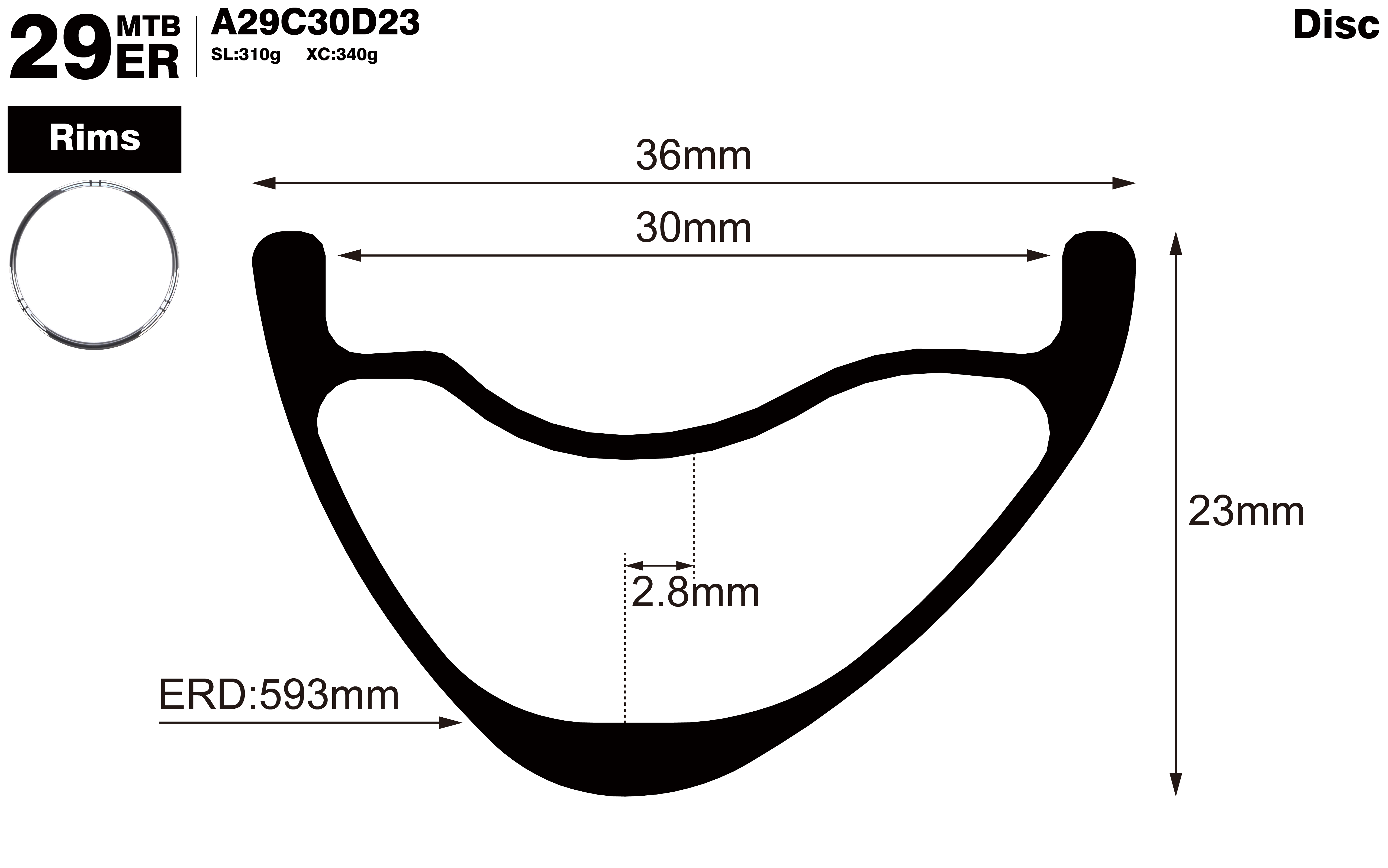 29er-I30-D23-asymmetric-mountain-bike-hookless-XC-carbon-rims-profile-drawing