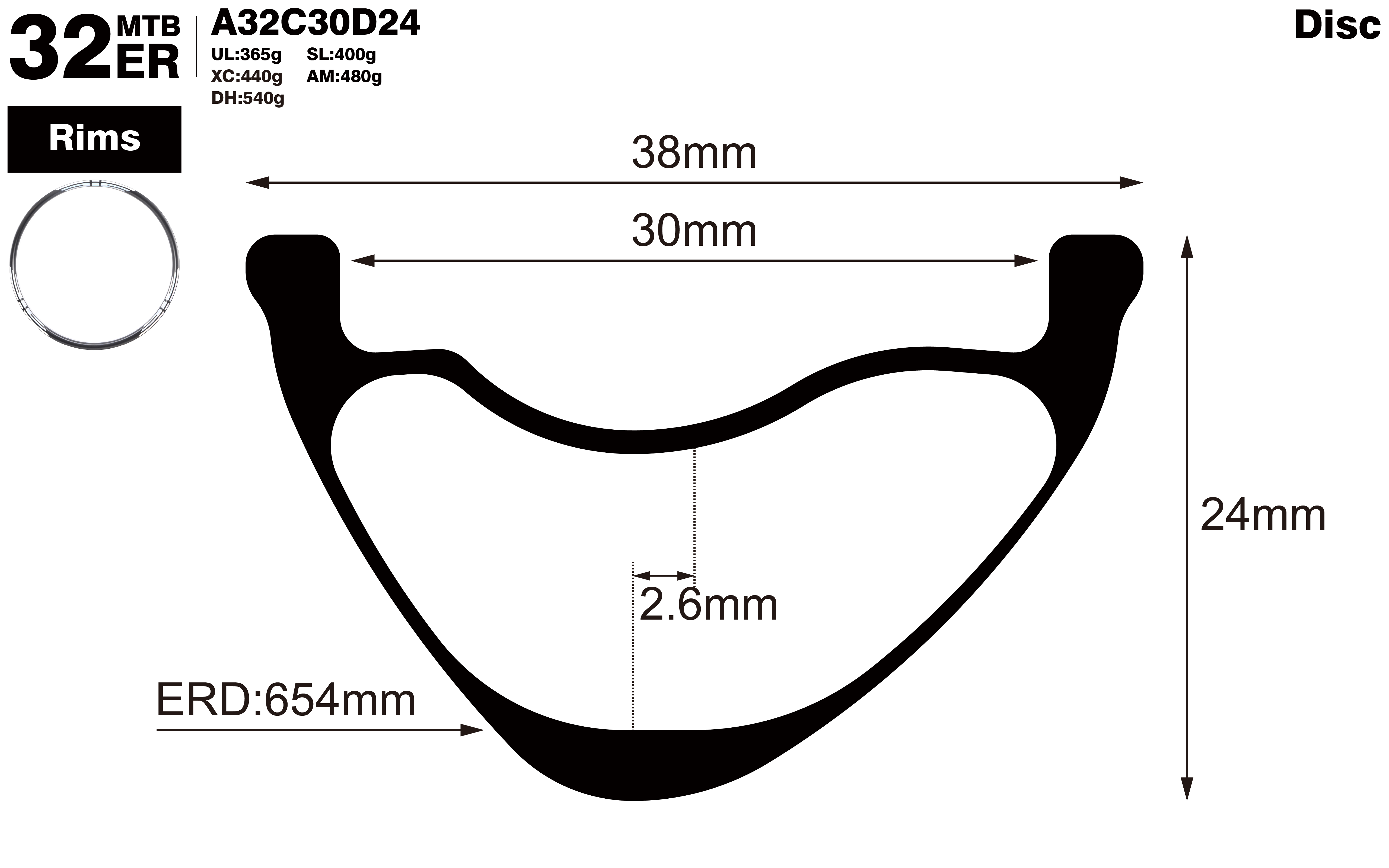 32er-I30-D24-asymmetric-mountain-bike-XC-carbon-rims-profile-drawing
