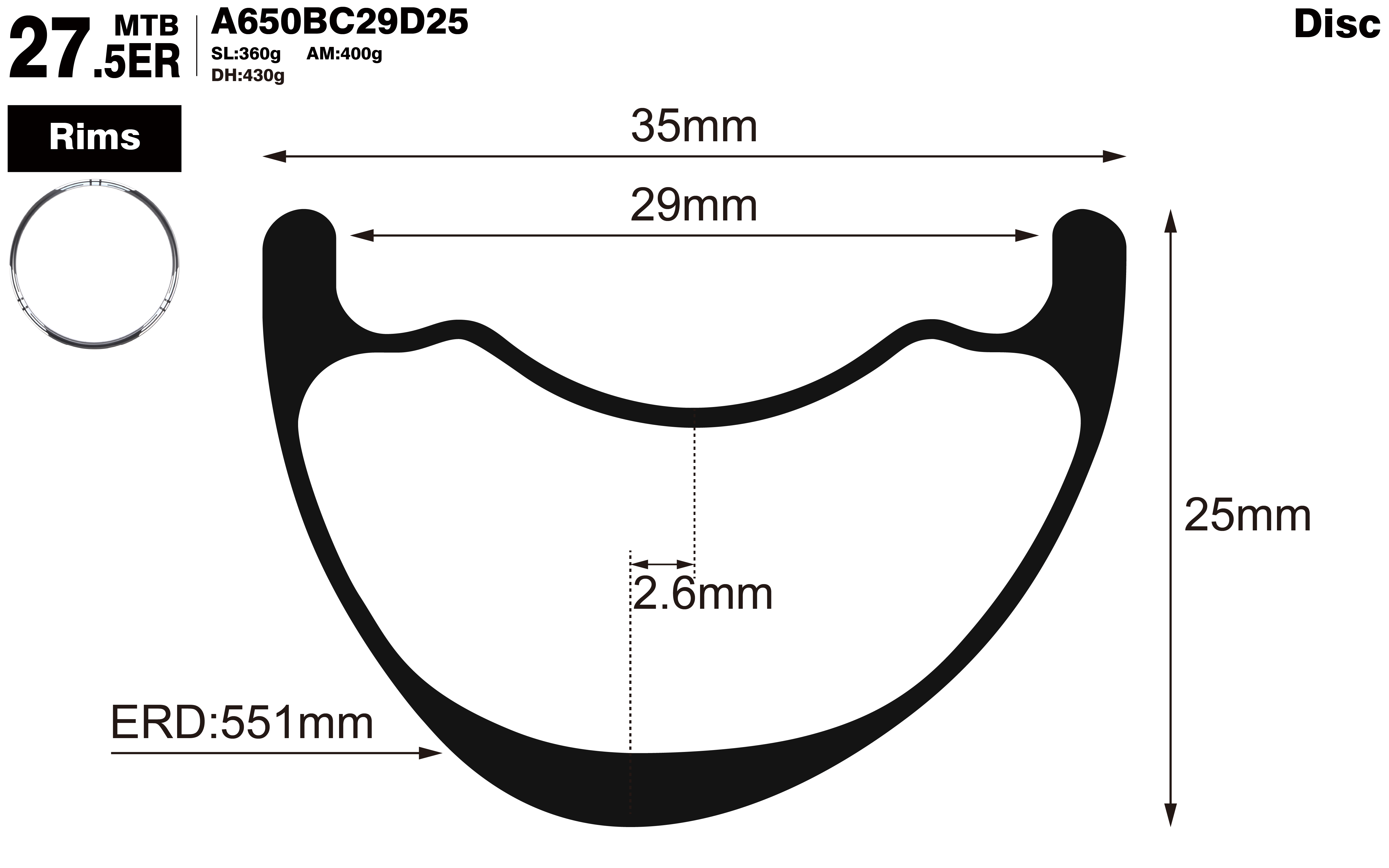27.5er-I29-D25-asymmetric-mountain-bike-hookless-AM-carbon-rims-profile-drawing