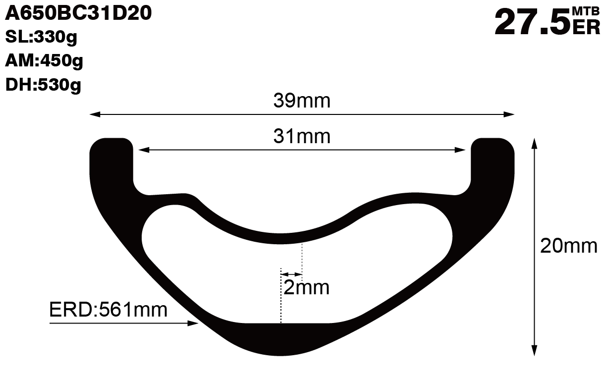 27.5er-I31-D20-asymmetric-mountain-bike-hookless-DH-carbon-rims-and-wheels-profile-drawing