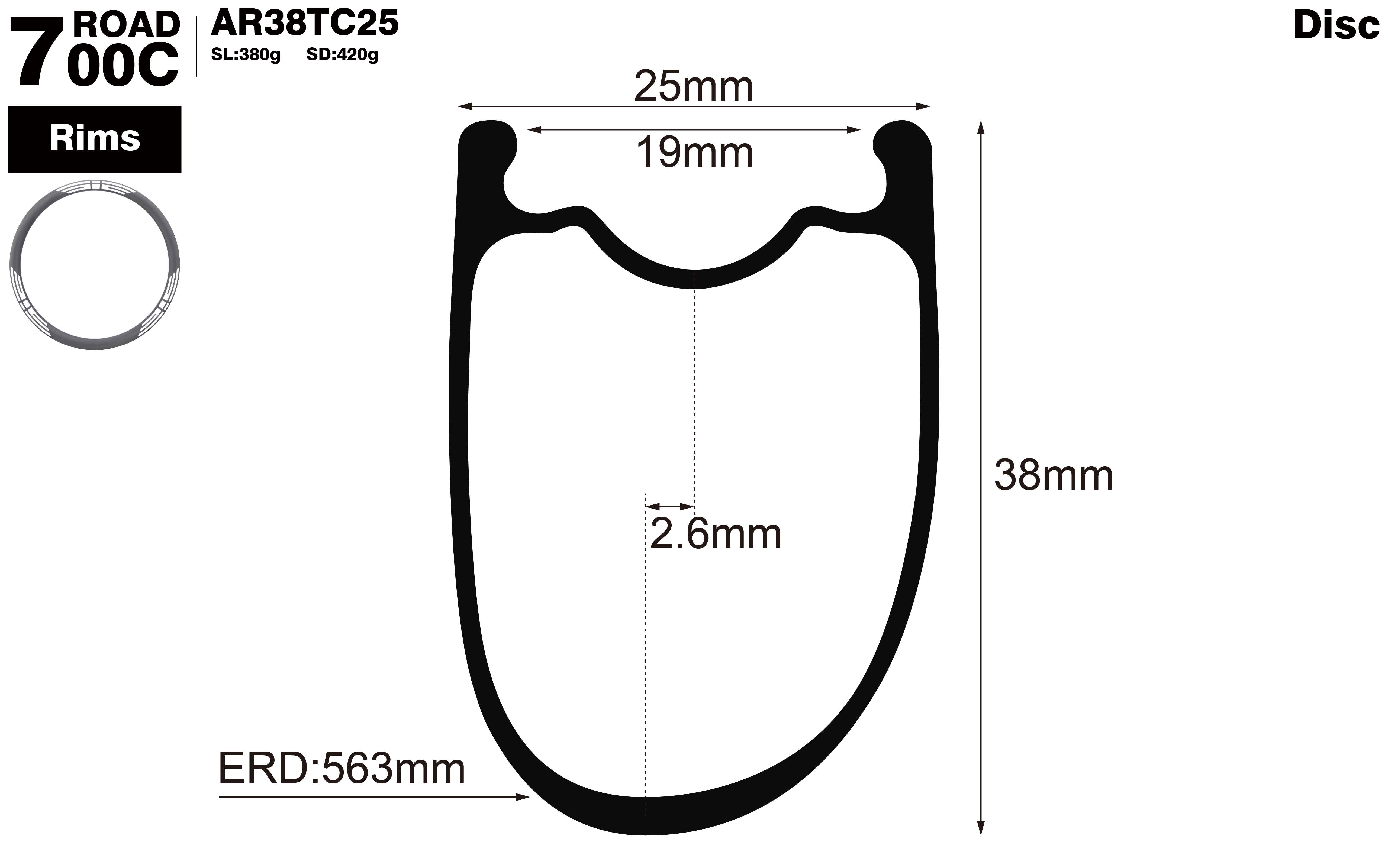 700C-I19-D38-asymmetric-road-bike-clincher-carbon-rims-profile-drawing