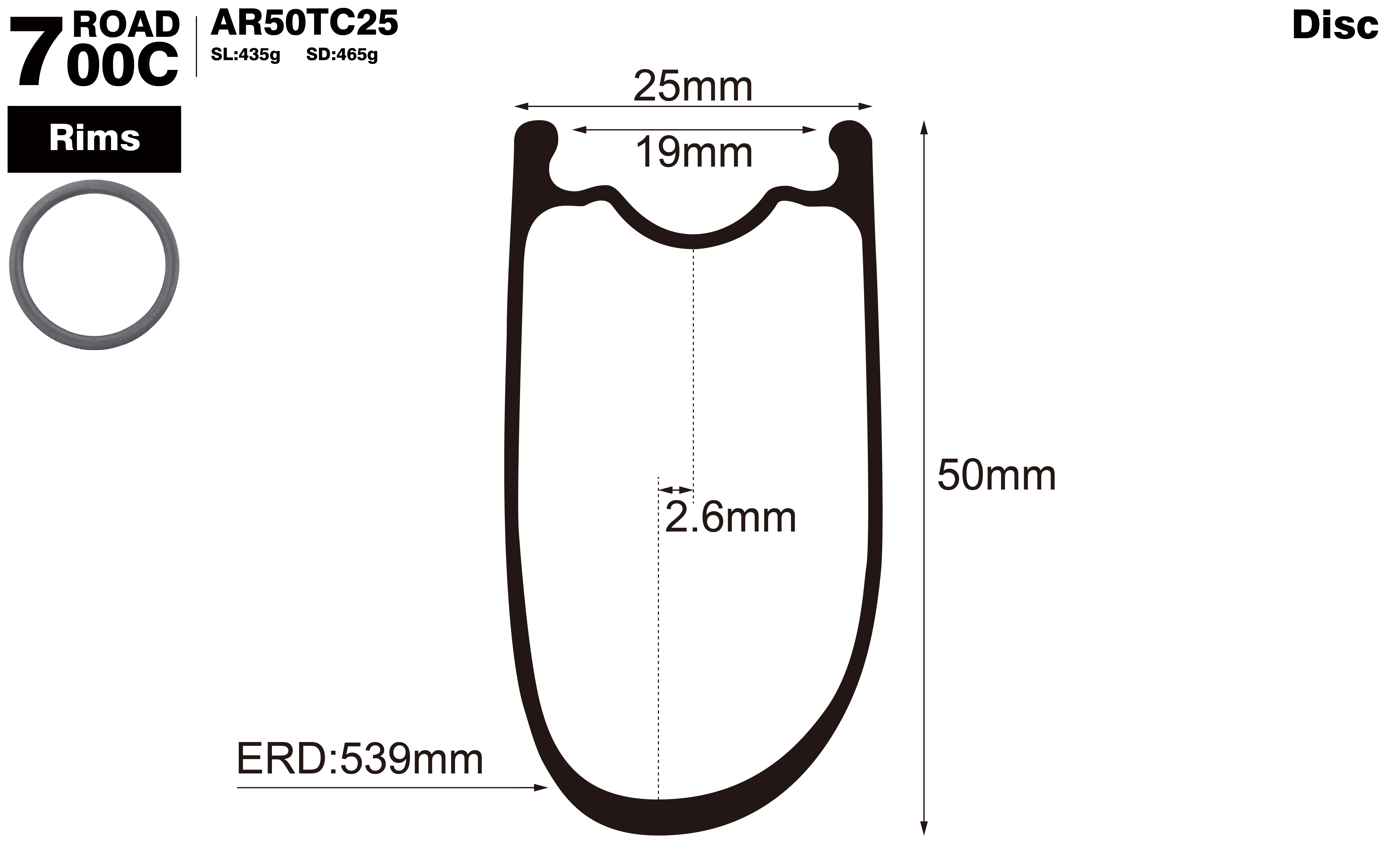 700c-I19-D50-asymmetric-road-bike-clincher-carbon-rims-profile-drawing