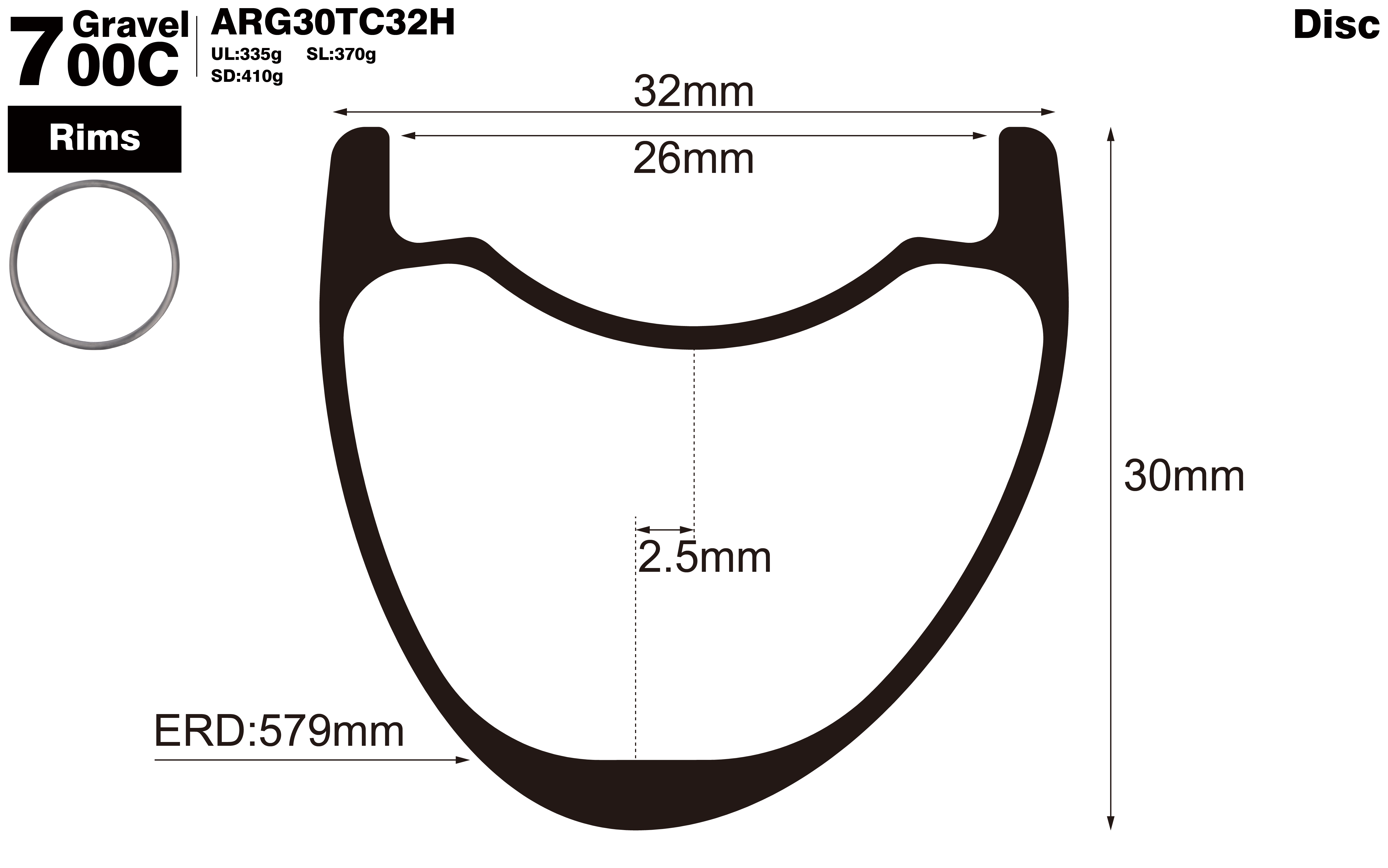 700c-I26-D30-asymmetric-road-bike-hookless-gravel-carbon-rims-profile-drawing