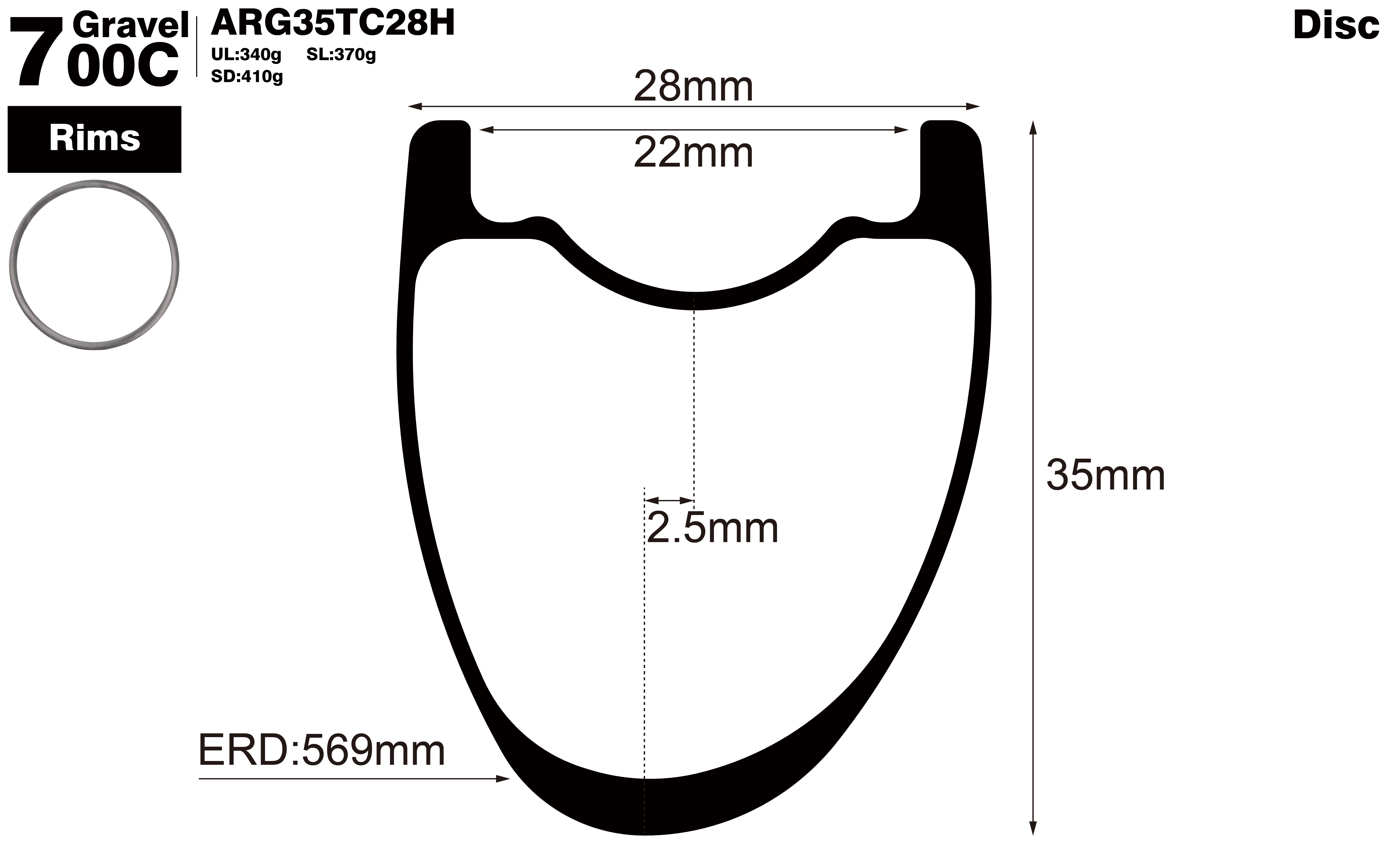 700C-I22-D35-asymmetric-road-bike-hookless-gravel-carbon-rims-profile-drawing