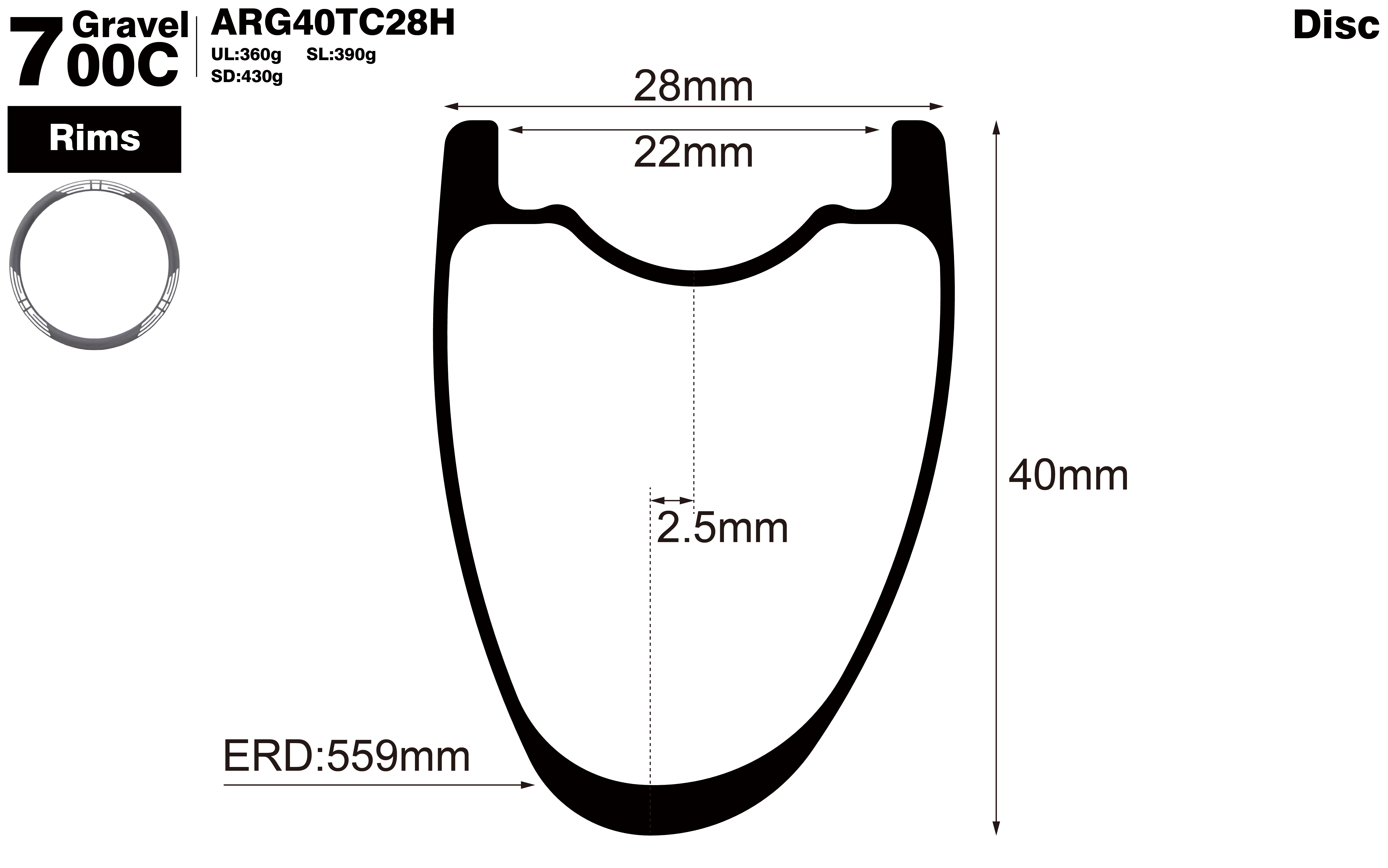 700C-I22-D40-asymmetric-road-bike-hookless-gravel-carbon-rims-profile-drawing