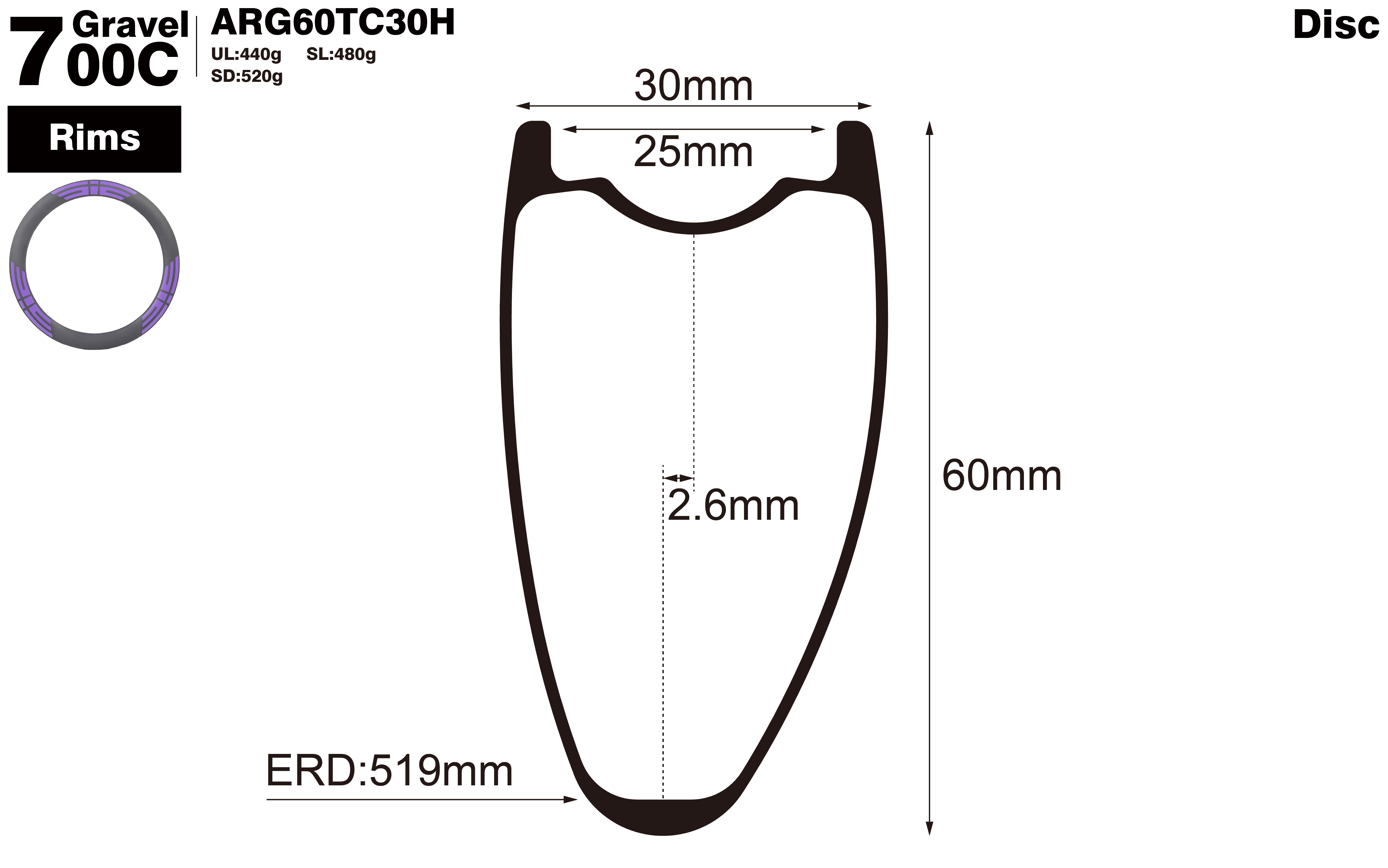 700c-I25-D60-asymmetric-road-bike-hookless-gravel-carbon-rims-profile-drawing