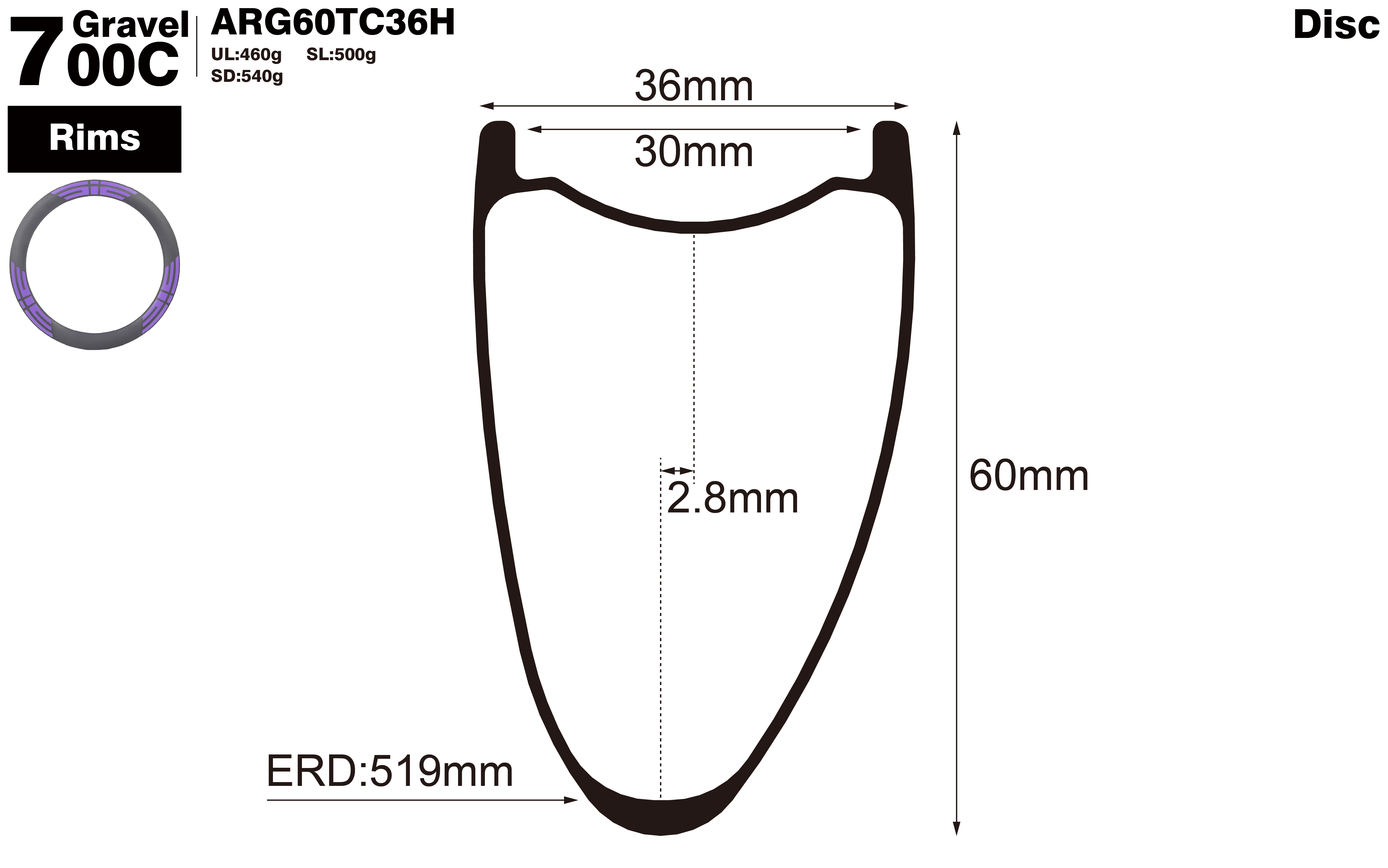 700c-I30-D60-asymmetric-road-bike-hookless-gravel-carbon-rims-profile-drawing