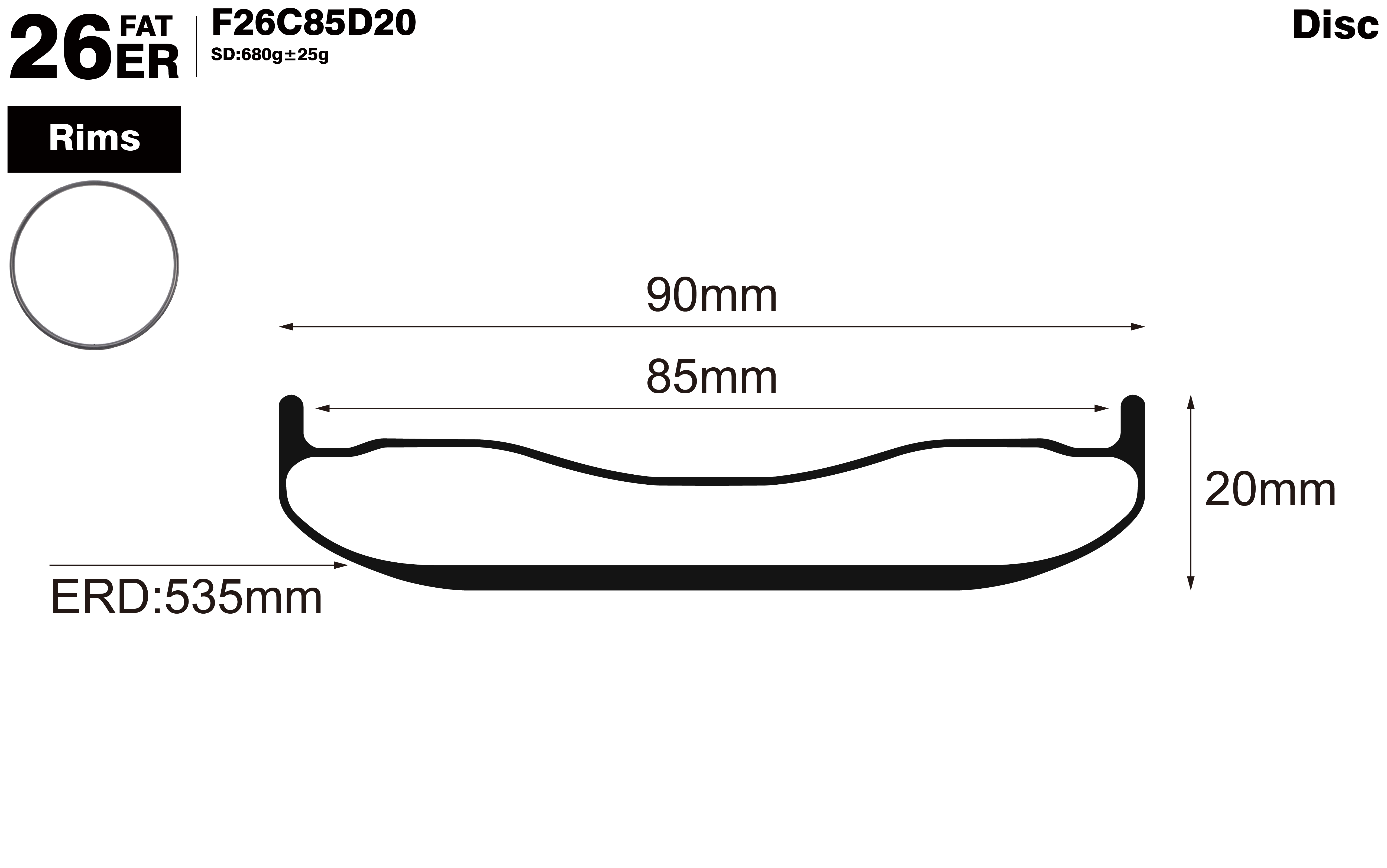 26er-I85-D20-symmetric-fat-bike-hookless-tubuless-carbon-rims-profile-drawing