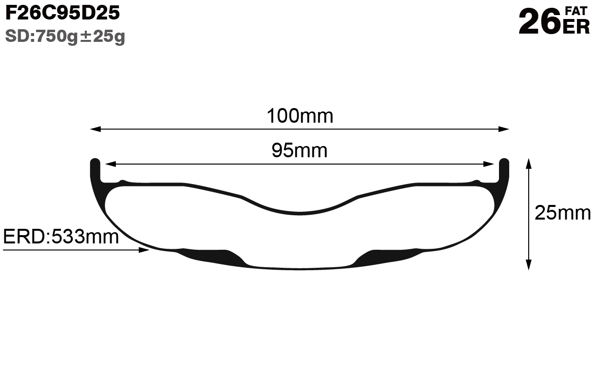 26er-I95-D25-symmetric-fat-bike-hookless-tubuless-carbon-rims-and-wheels-profile-drawing