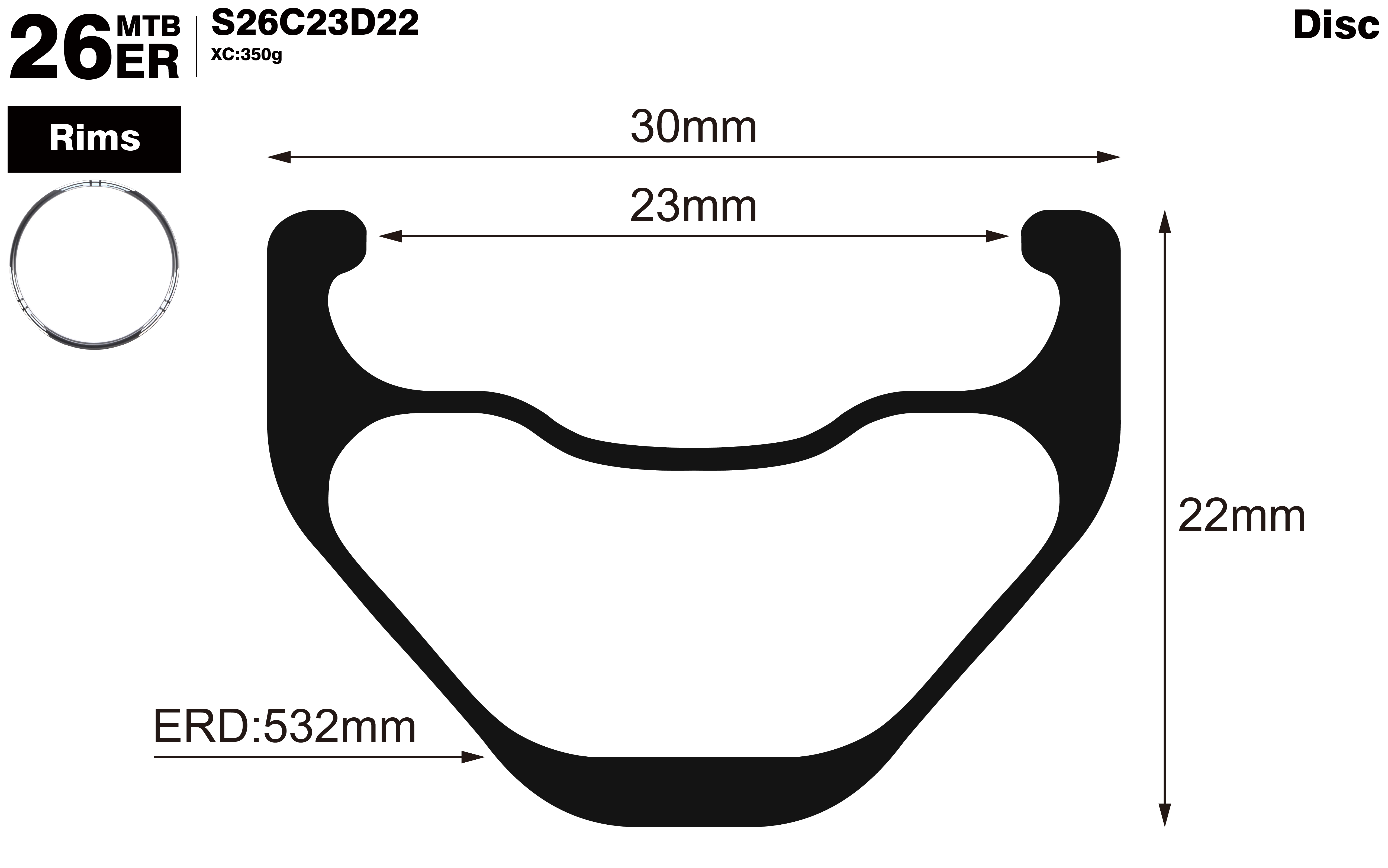 26er-I23-D22-symmetric-mountain-bike-XC-carbon-rims-profile-drawing