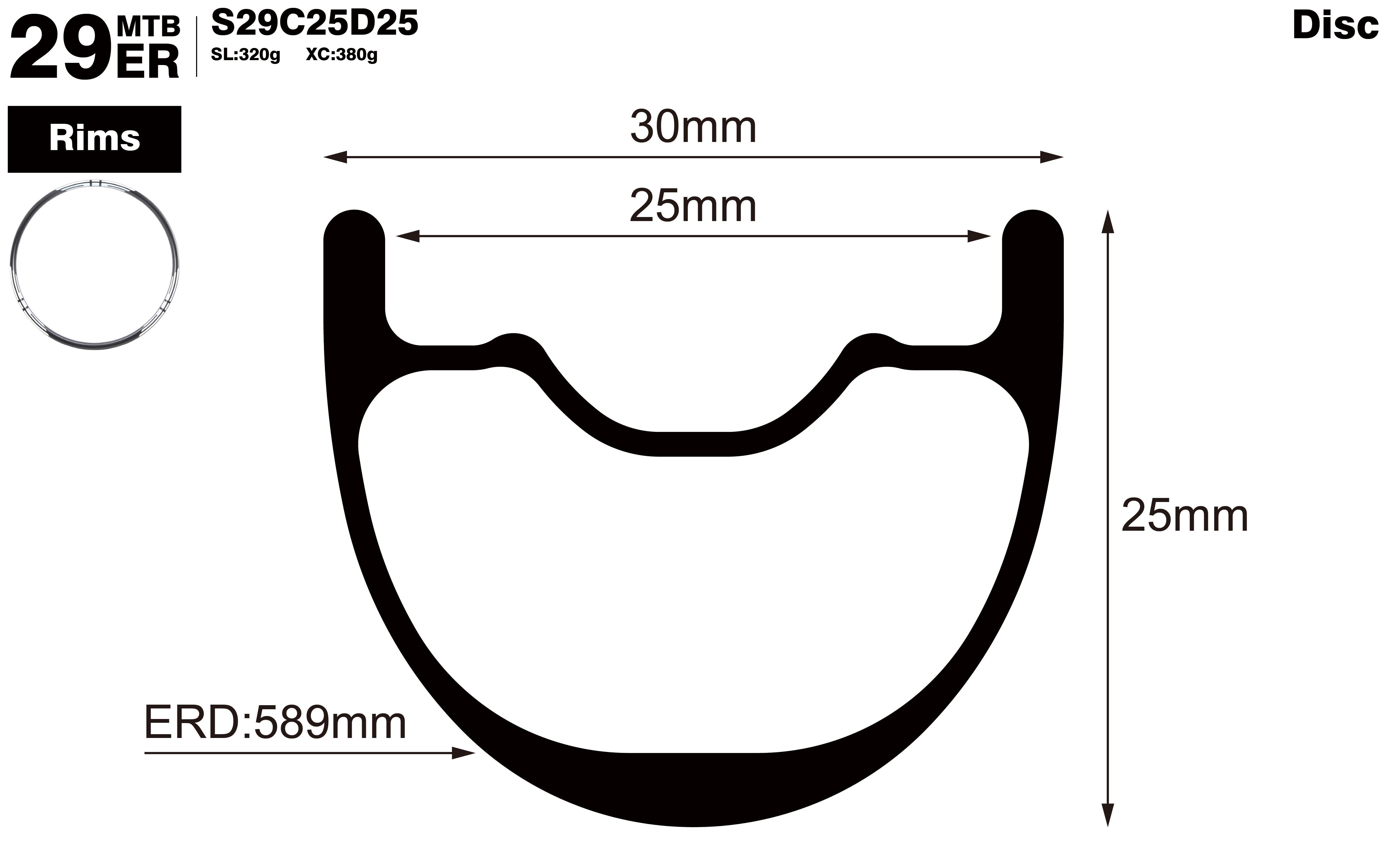 29er-I25-D25-symmetric-mountain-bike-hookless-XC-carbon-rims-profile-drawing
