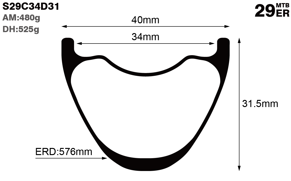 29er-I34-D31-symmetric-mountain-bike-hookless-DH-carbon-rims-and-wheels-profile-drawing