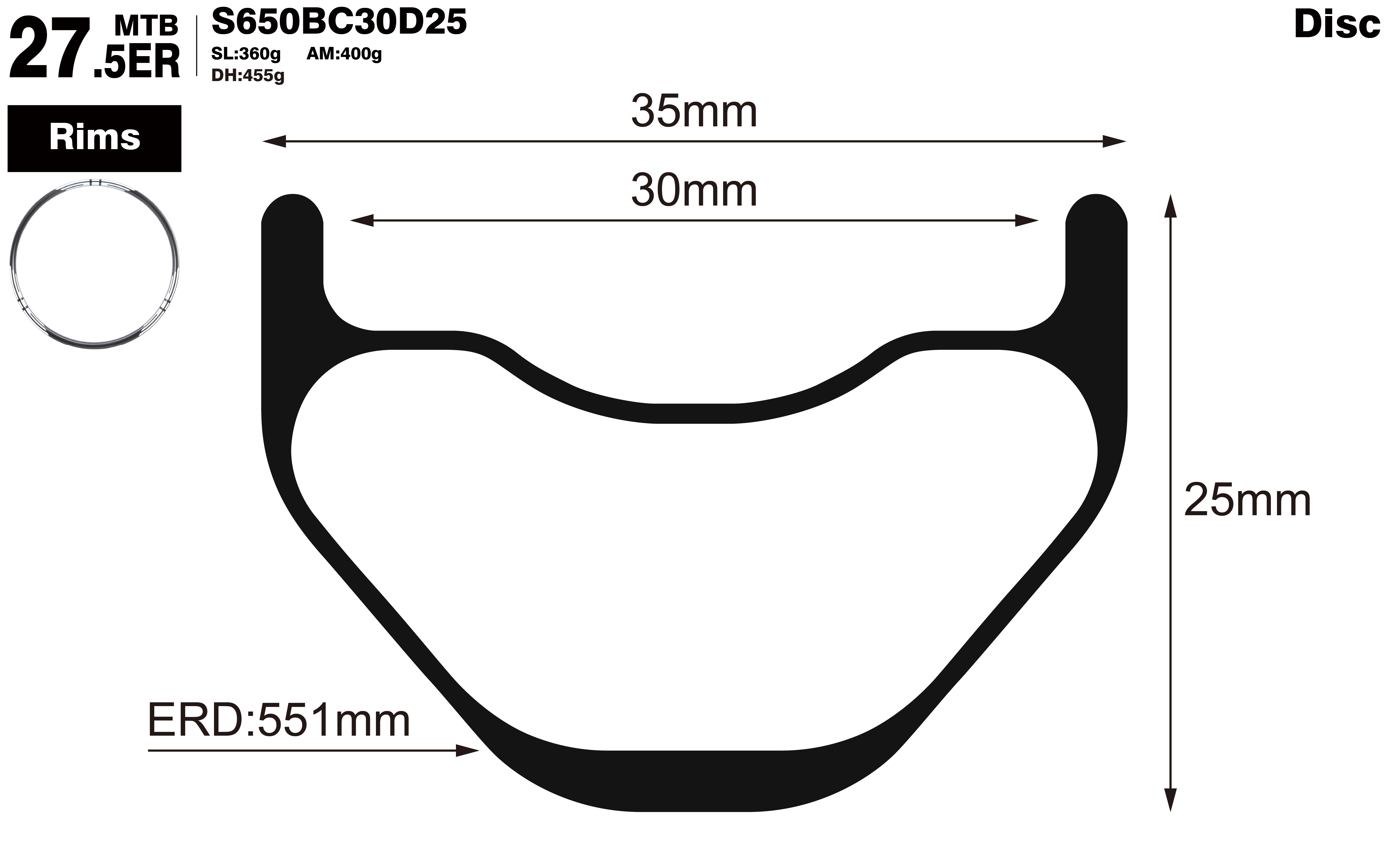 27.5er-I30-D25-symmetric-mountain-bike-hookless-AM-carbon-rims-profile-drawing