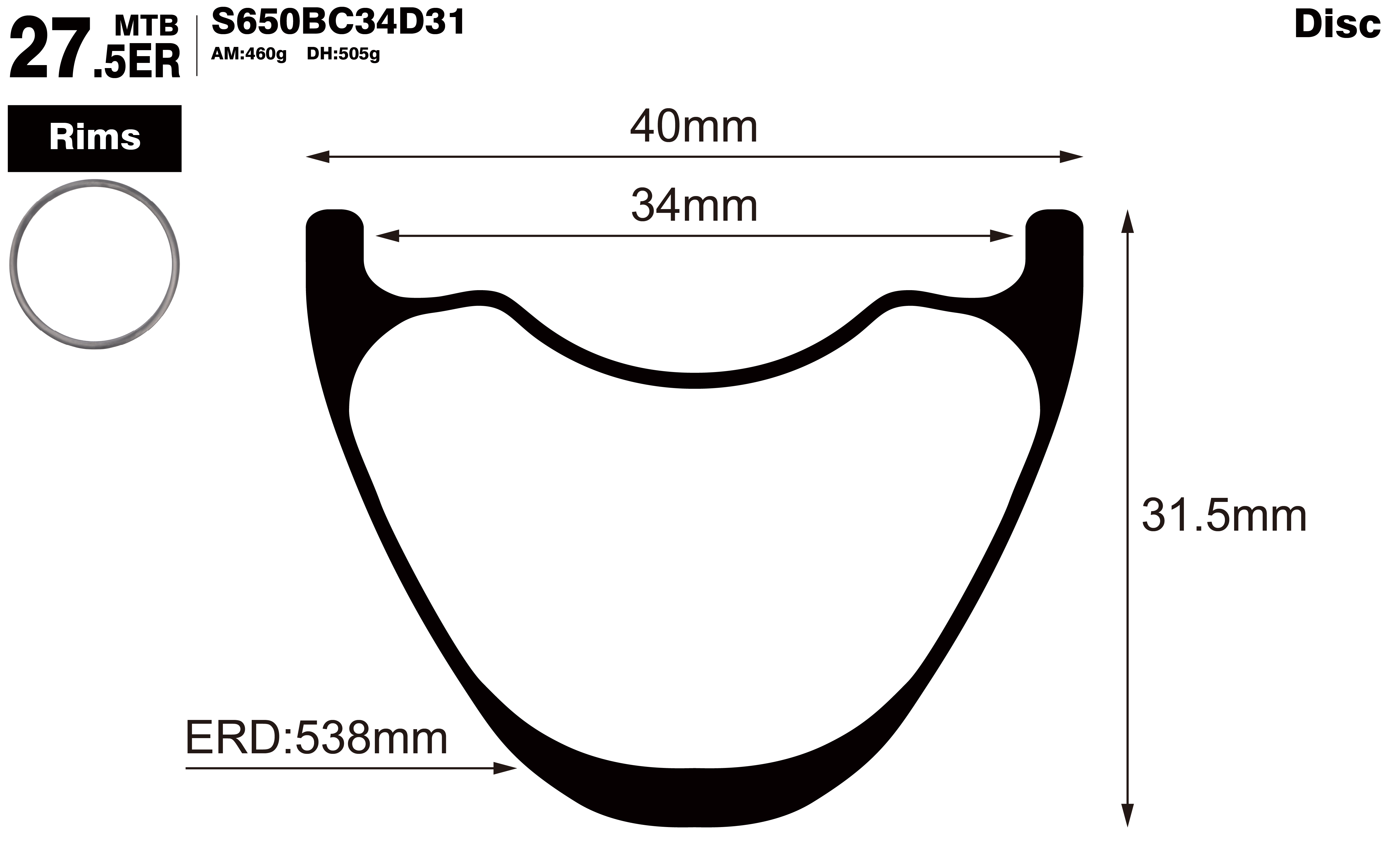 27.5er-I34-D31.5-symmetric-mountain-bike-hookless-AM-carbon-rims-profile-drawing