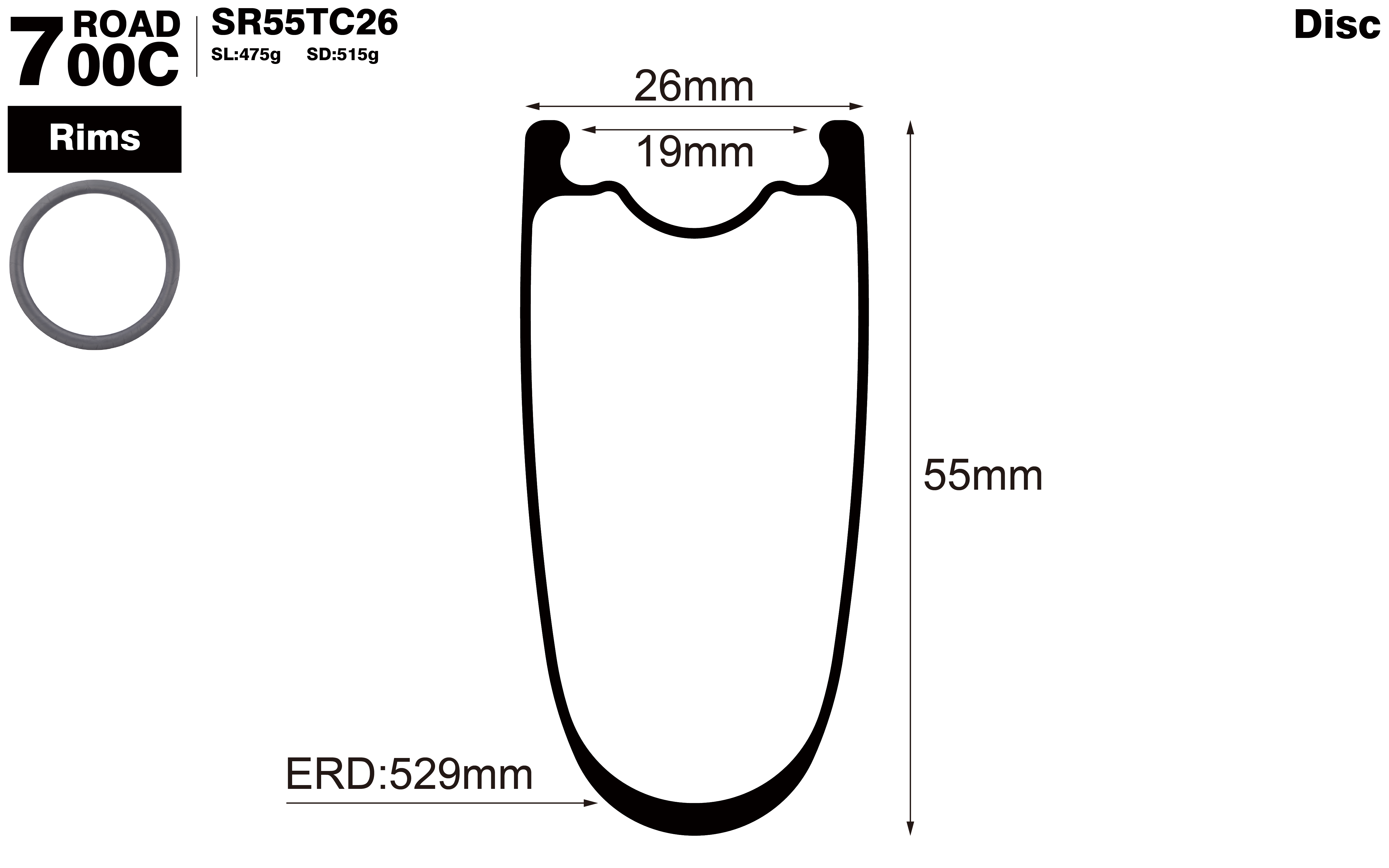 700C-I19-D55-symmetric-road-bike-clincher-carbon-rims-profile-drawing