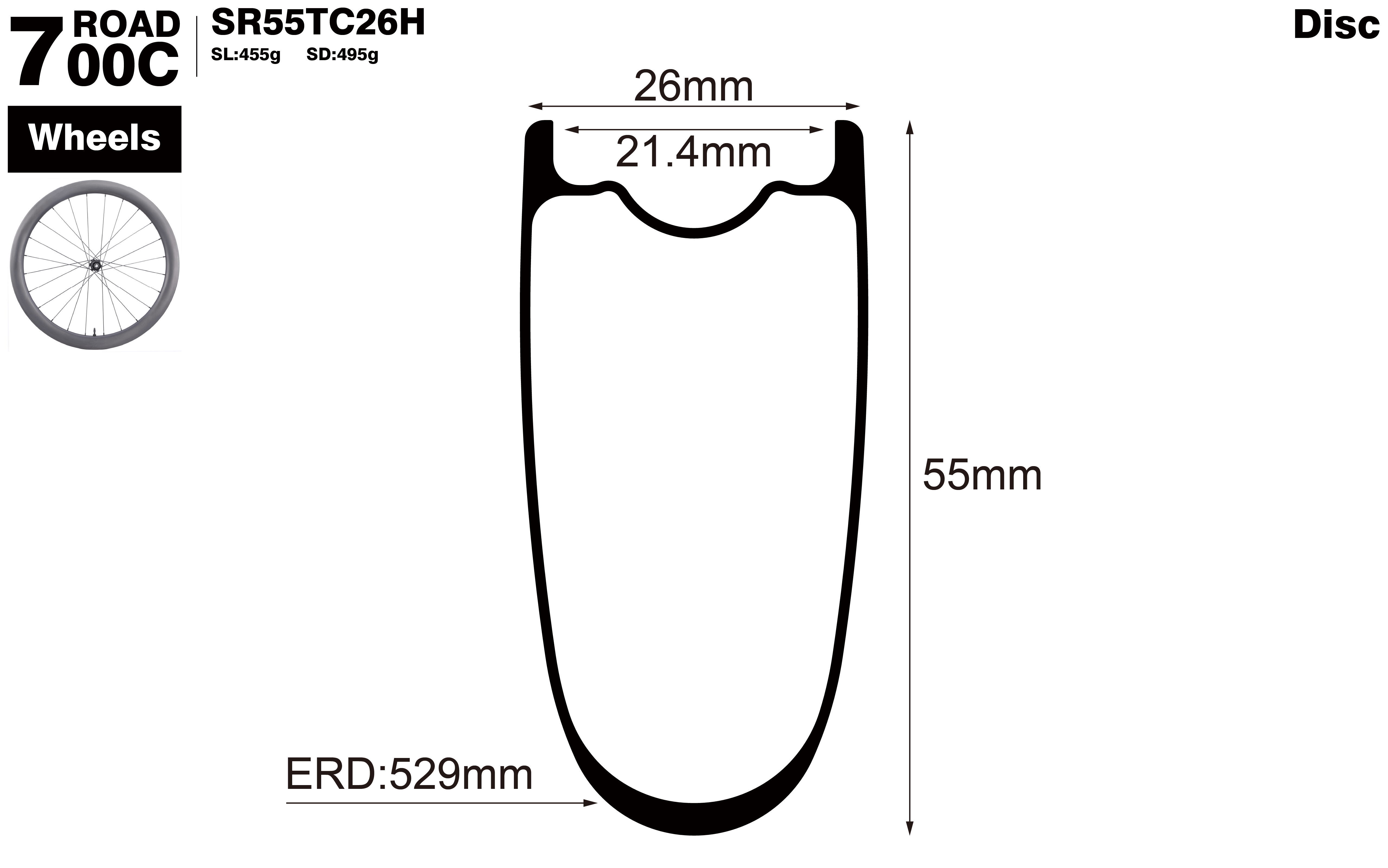 700C-I21.4-D55-symmetric-road-bike-hookless-clincher-carbon-wheels-profile-drawing