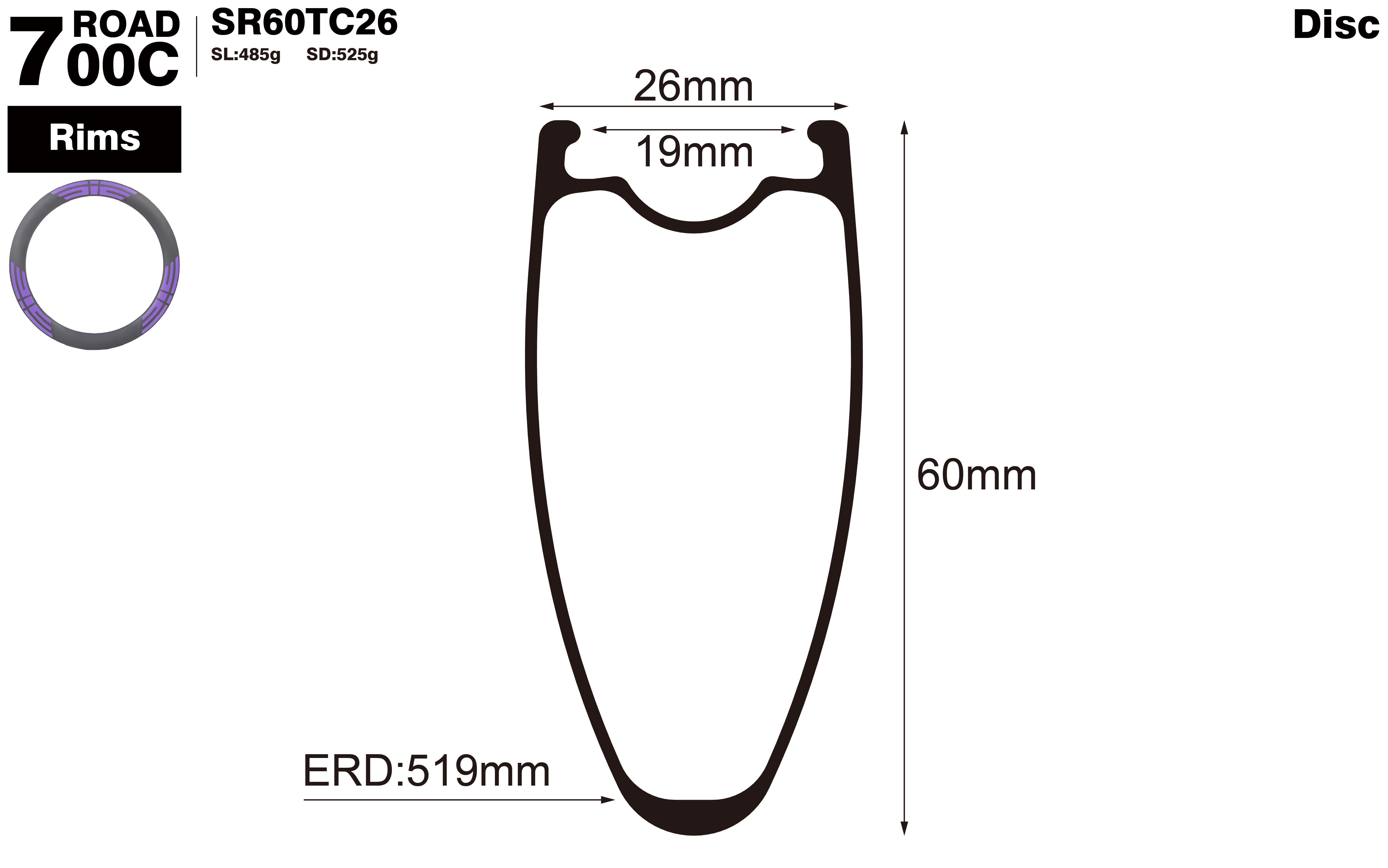 700C-I19-D60-symmetric-mountain-bike-clincher-carbon-rims-profile-drawing
