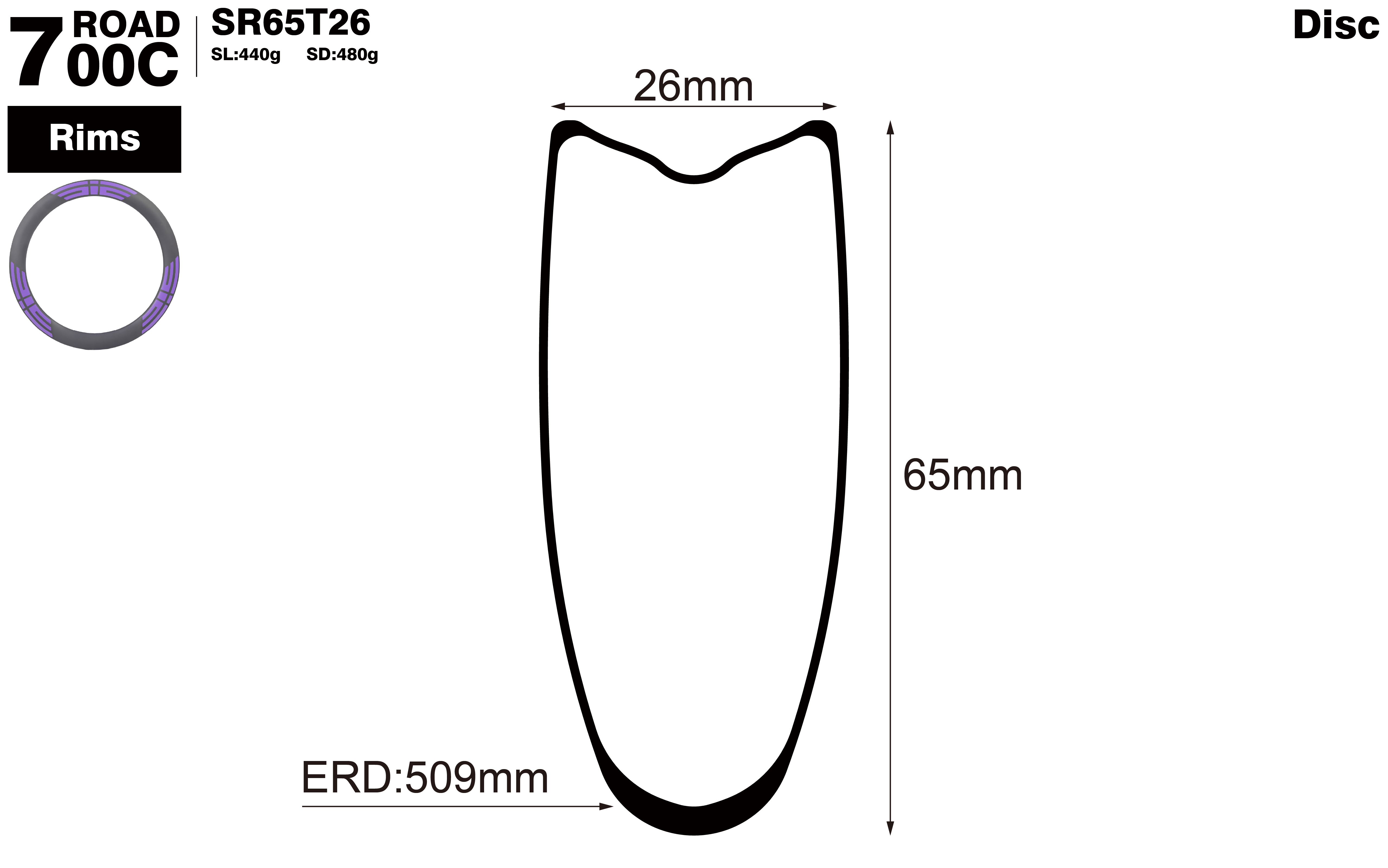 700C-I26-D65-symmetric-road-bike-tubular-carbon-rims-profile-drawing