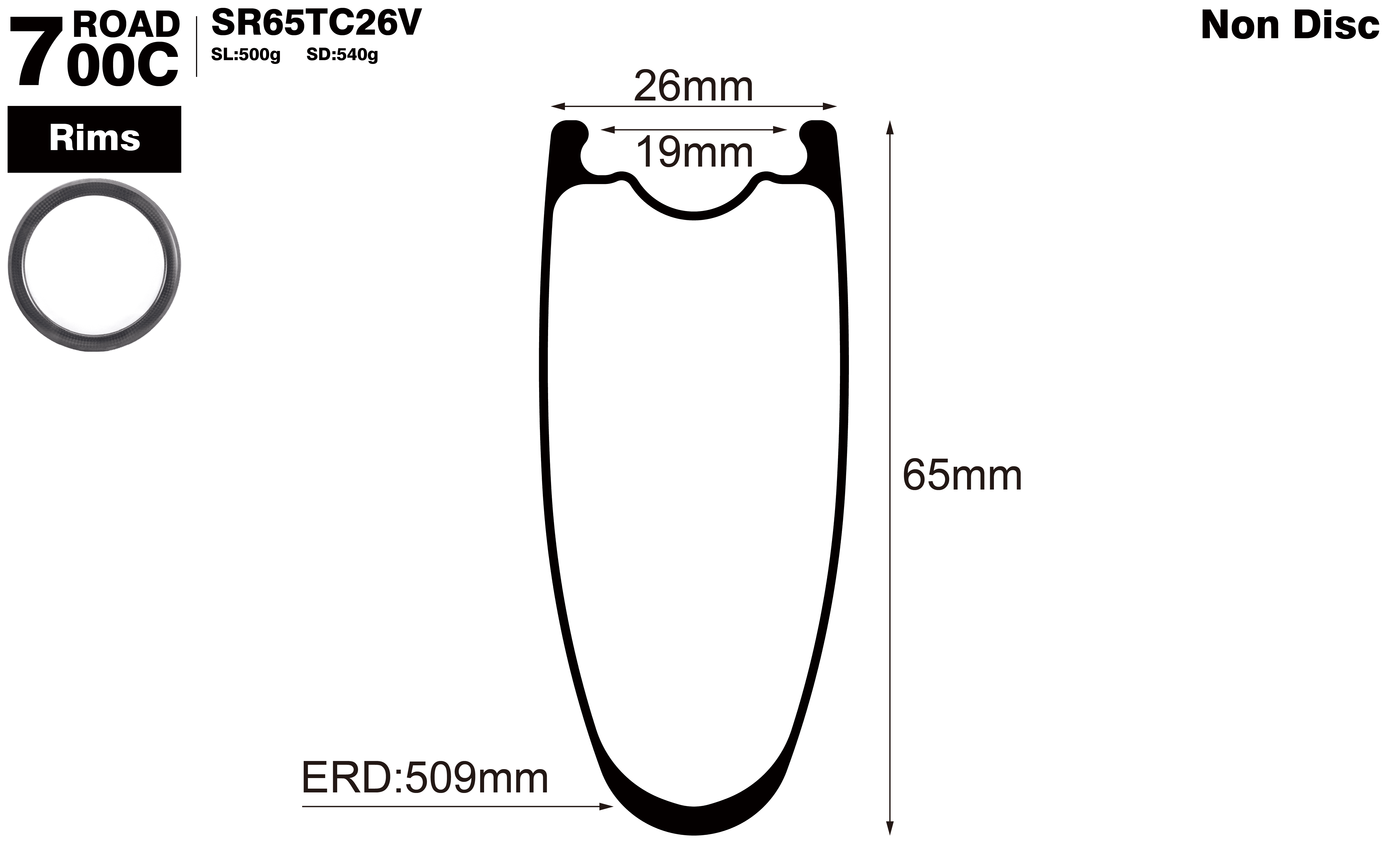 700C-I19-D65-symmetric-road-bike-clincher-carbon-rims-profile-drawing