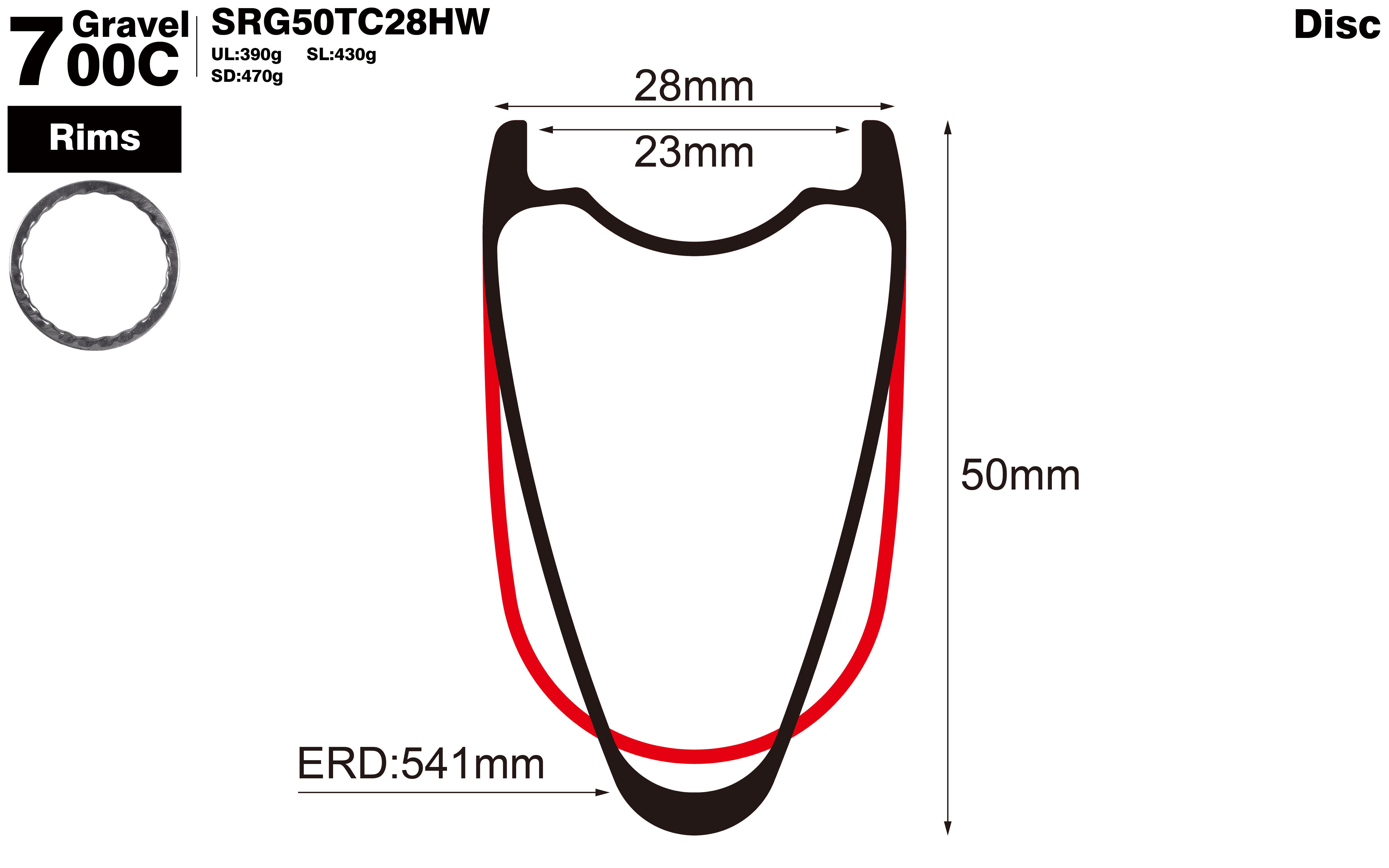 700C-I23-D50-symmetric-road-bike-hookless-gravel-carbon-rims-profile-drawing