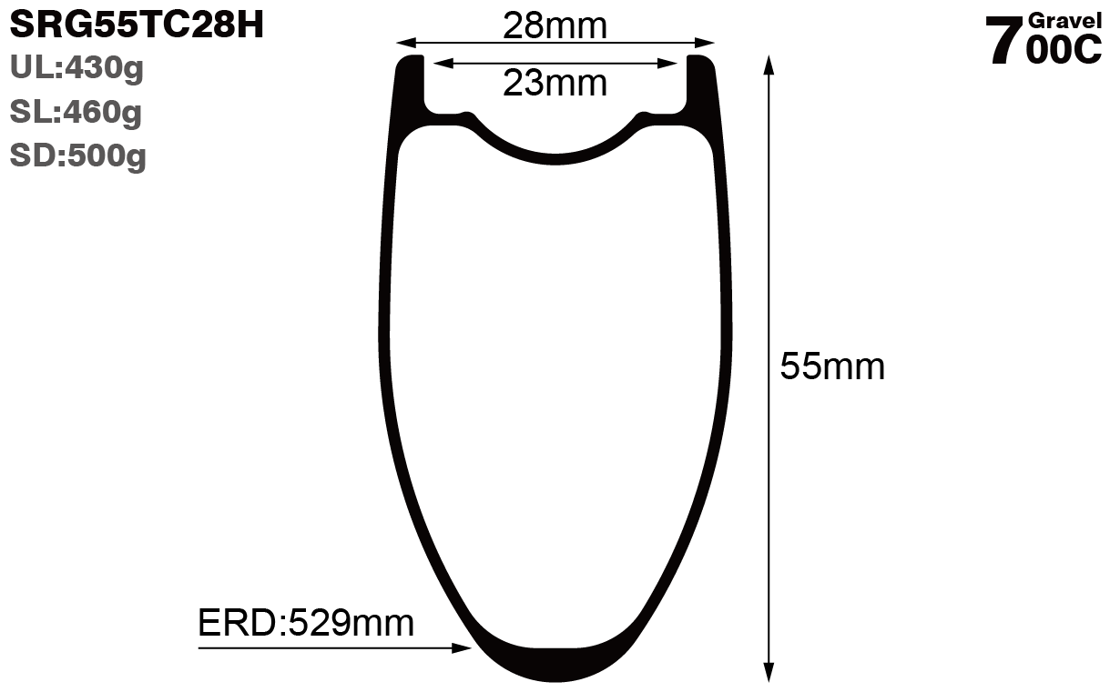 700C-I23-D55-symmetric-road-bike-hookless-gravel-carbon-rims-and-wheels-profile-drawing